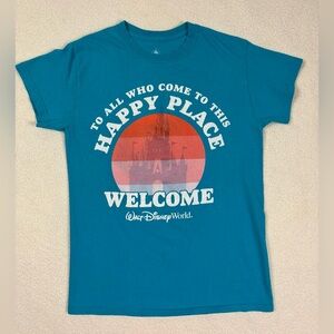 Disney Parks 100% Cotton All Who Come Here Crew Neck T-Shirt Blue Adult Small